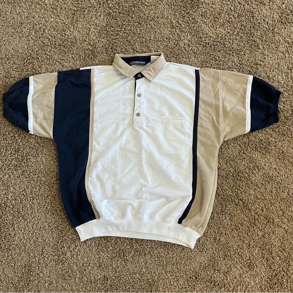 Vintage PURITAN Polo Shirt Men’s L Blue White Tan